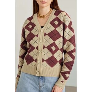 NWT Acne Studios Argyle Knit‎ Cardigan Wool Tan Burgundy Size Medium Academia
